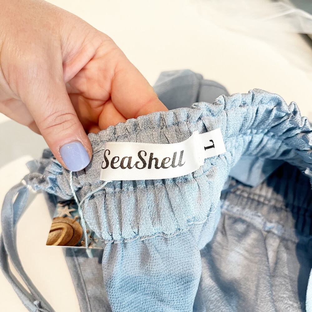SeaShell Satin Cropped Peplum Ruffle Tank Top Blue Large - Picture 5 of 5